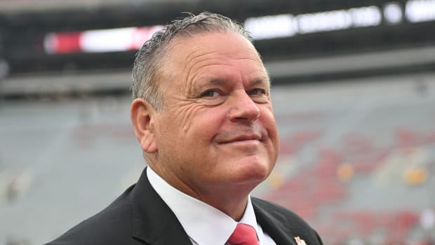 Razorbacks coach Sam Pittman walking Bryant-Denny Stadium before matchup with Alabama.